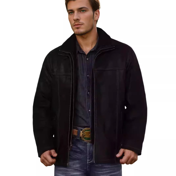 Sheepskin jacket for men with large collar and practical pockets Lune London