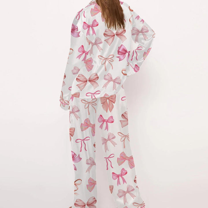 Women's Satin Pajama Set with Playful Bow Pattern Lune London
