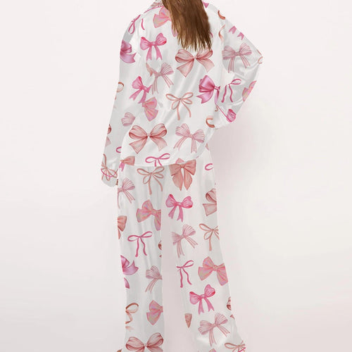 Women's Satin Pajama Set with Playful Bow Pattern Lune London
