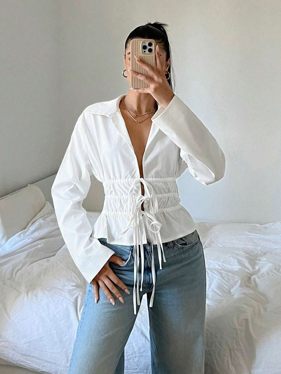 Lune London zip-up blouse for women with gathers and long sleeves