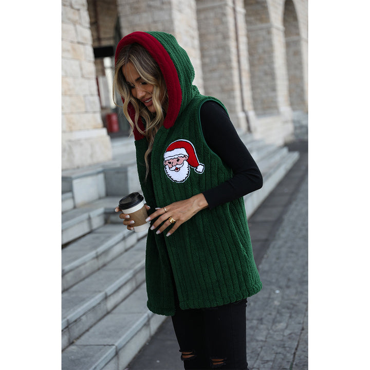 Ladies Cozy Fleece Hooded Vest with Chic Festive Embroidery and Style