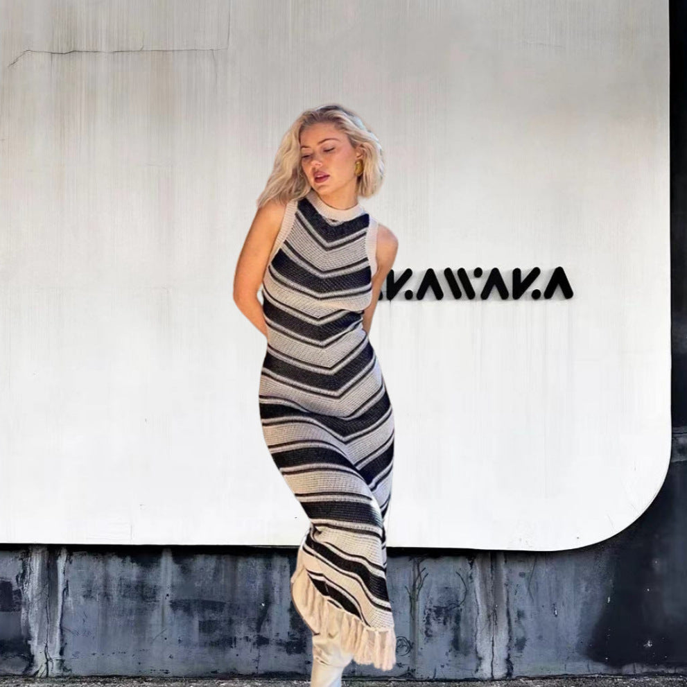 Maxi dress for women with chevron pattern and fringed details Lune London