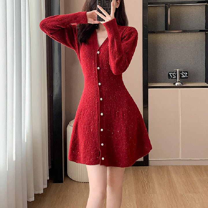 Knitted dress for women with button placket and voluminous sleeves Lune London