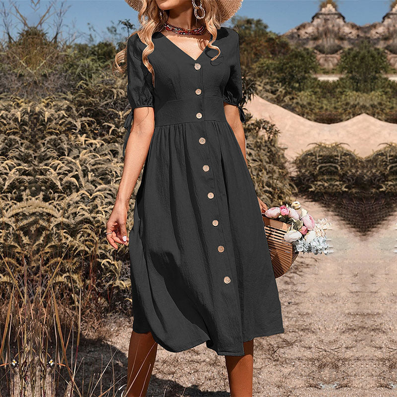 Buttoned A-line midi dress for ladies with ties