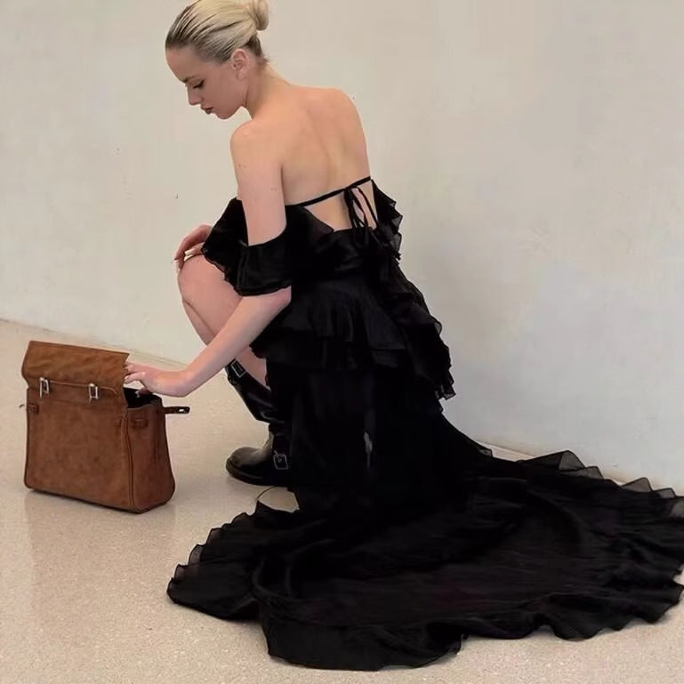 Maxi off-shoulder dress for women with voluminous ruffle details and a floating hem Lune London