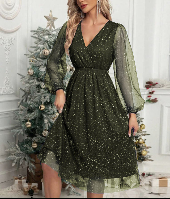 Glamorous midi dress for women with transparent puff sleeves and a sparkling sequin pattern Lune London