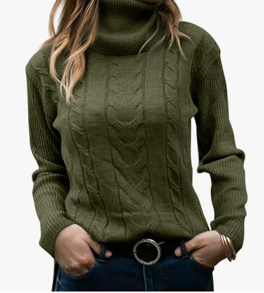 Women's Knit Sweater with Stand-Up Collar and Cable Pattern Lune London
