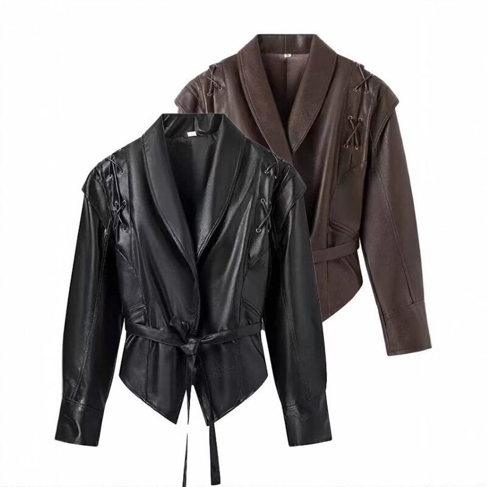 Ladies elegant faux leather jacket with adjustable belt and decorative lace details Lune London