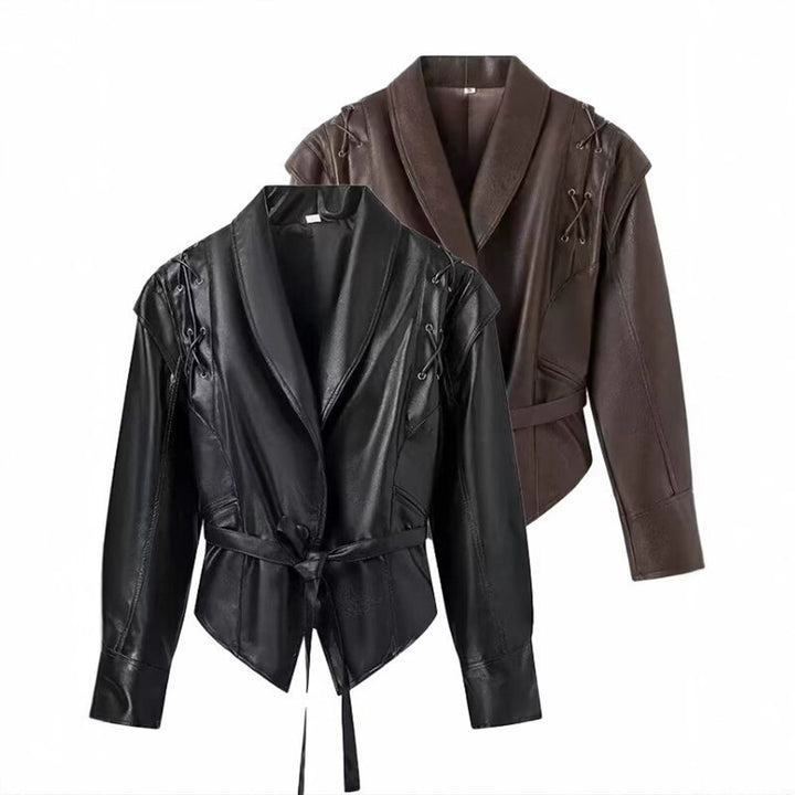 Ladies elegant faux leather jacket with adjustable belt and decorative lace details Lune London