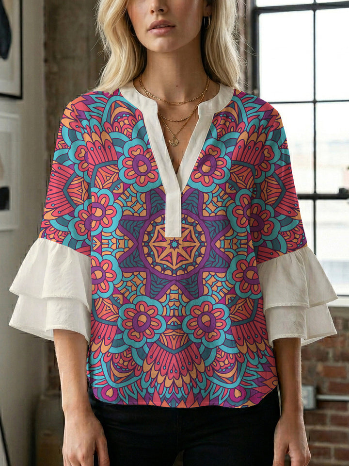 Ladies elegant blouse shirt with voluminous puff sleeves and graphic floral design Lune London