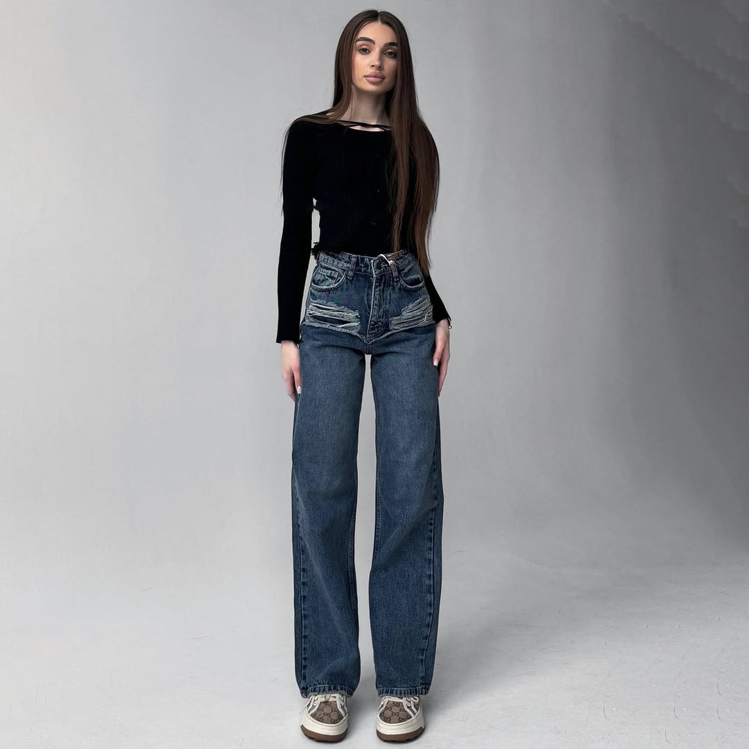 High-waisted women's jeans with wide legs and tie belt Lune London