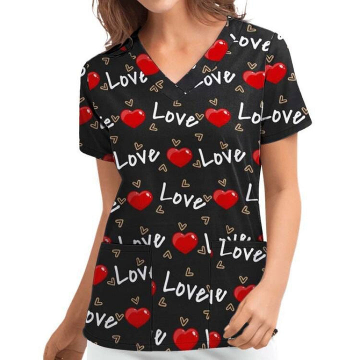 Women V Neck Heart Pattern Chic Medical Blouse and Style