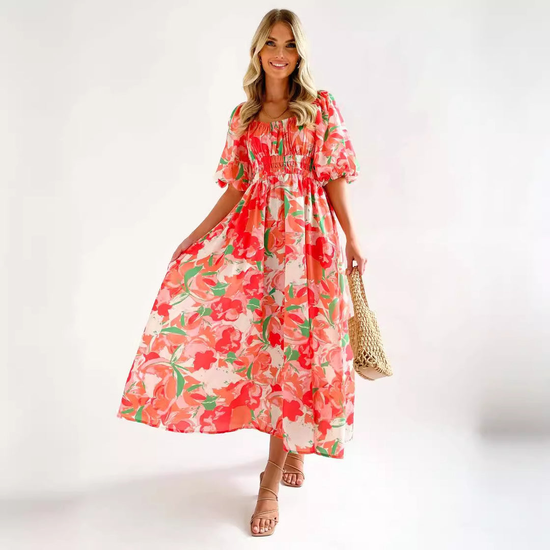 Women's Off-Shoulder Maxi Dress with Floral Patterns and Elastic Waist Lune London