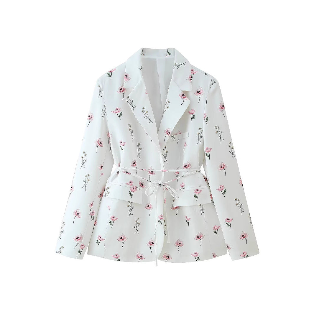 Women Fashion Blazer Jacket with Floral Design and Adjustable Tied Belt Lune London