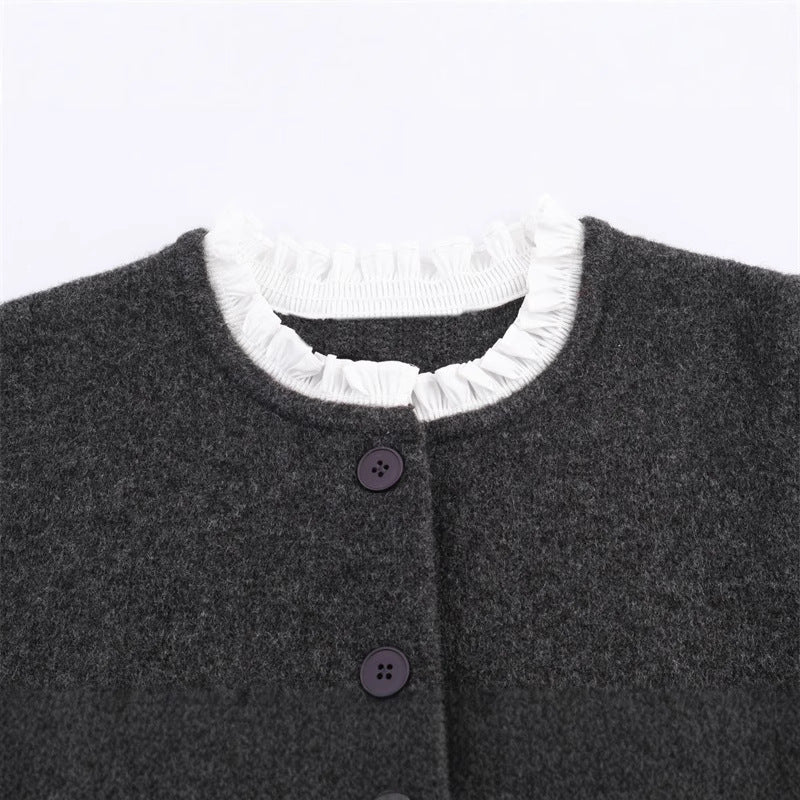 Knitted jacket with ruffle details and button closure for women Lune London