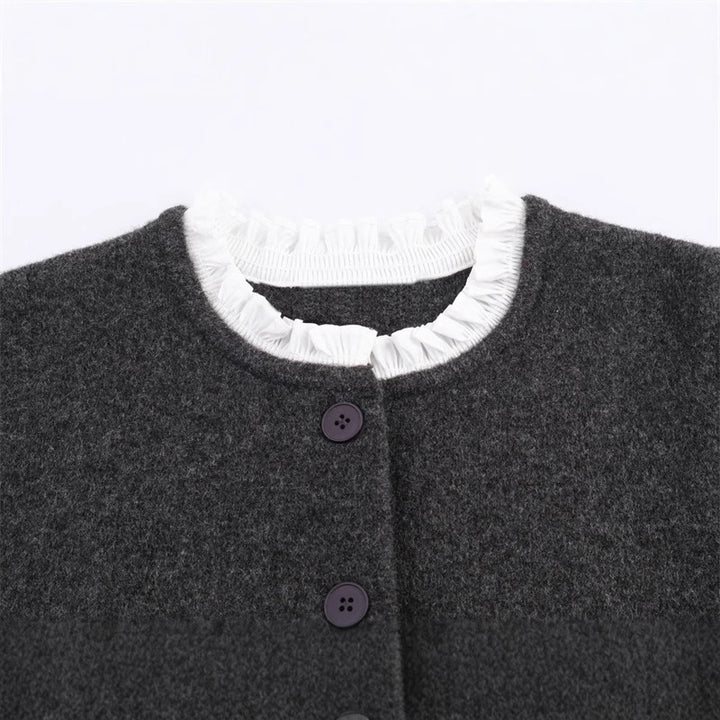 Knitted jacket with ruffle details and button closure for women Lune London