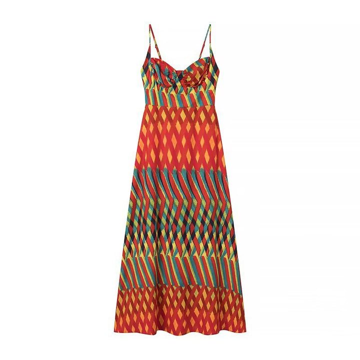 Maxi dress for ladies with eye-catching geometric pattern and adjustable spaghetti straps Lune London