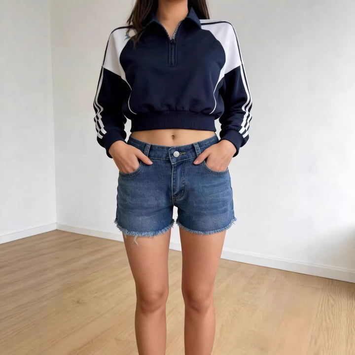 Women's casual denim shorts with frayed hem and high waist Lune London