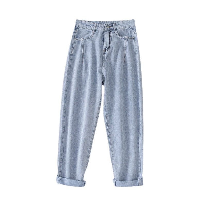 Women's high-waisted jeans in classic mom style with turned-up hems
