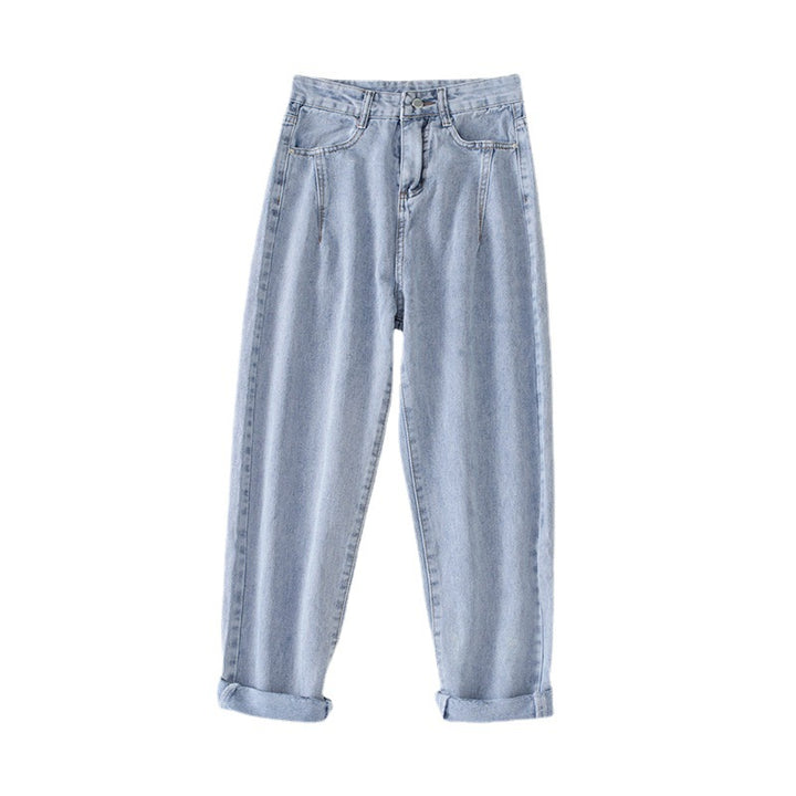 Women's high-waisted jeans in classic mom style with turned-up hems