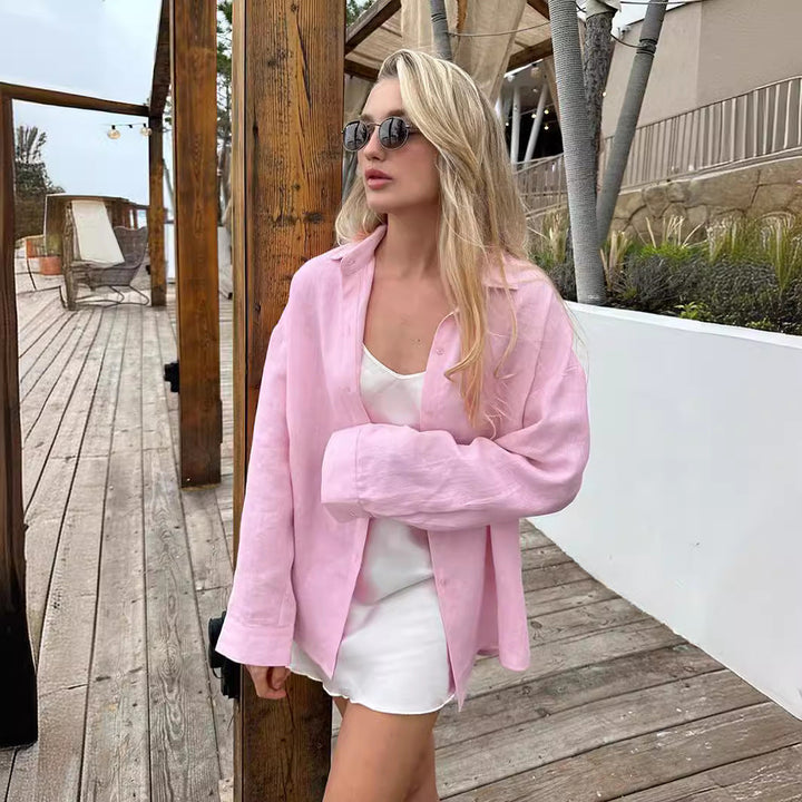 Chic und Stil | Women's linen shirt with a casual cut and oversized sleeves