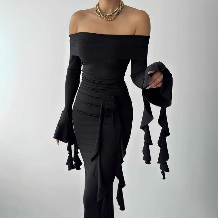 Elegant Women's Fashion Off-Shoulder Long Maxi Dress with Ruffle Details and Chic Fitted Silhouette