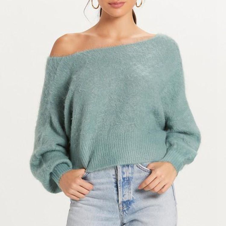Women Off-Shoulder Sweater in soft Mohair blend with/bulky sleeves Lune London