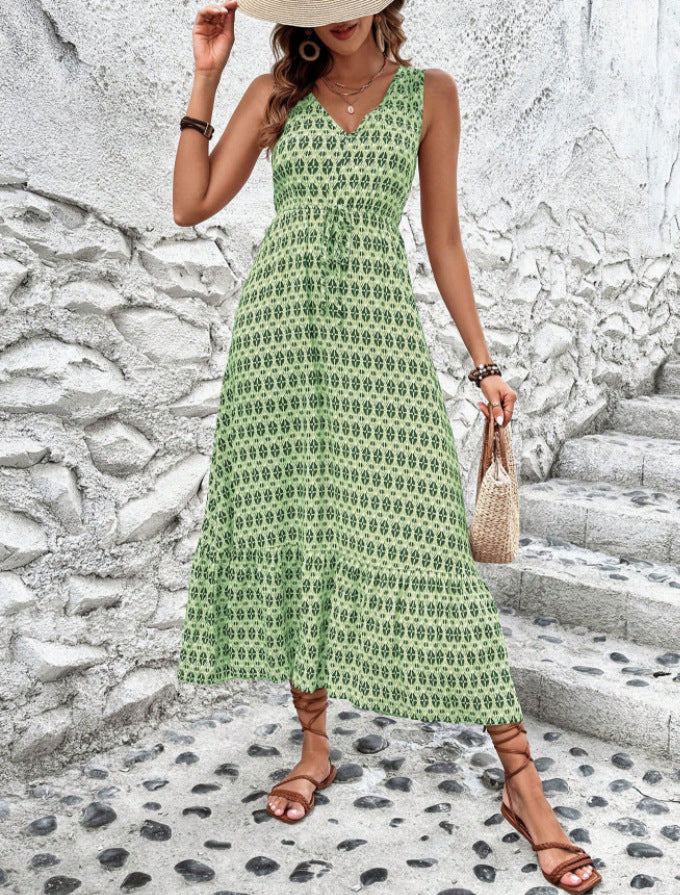 Lune London Women's Sleeveless Bohemian Maxi Dress with Tied Belt
