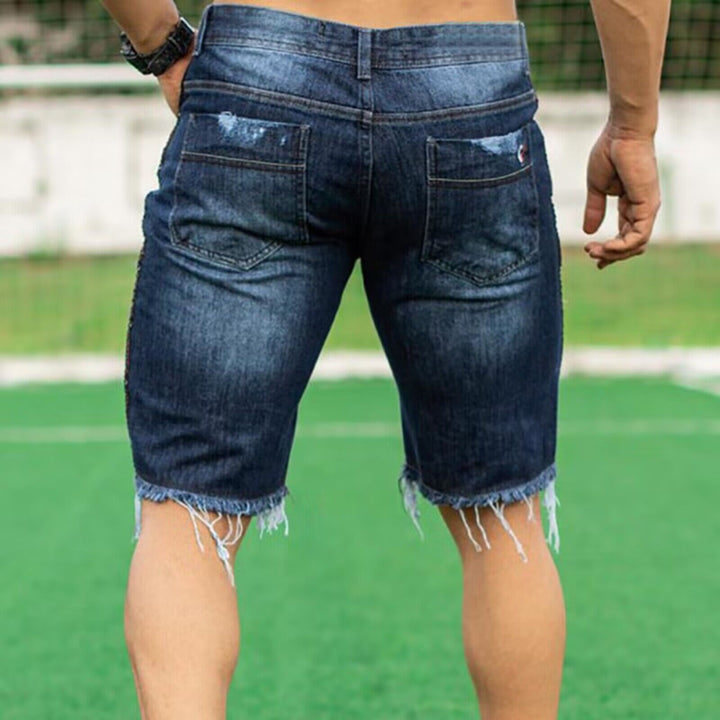 Men's Destroyed Denim Shorts with Irregular Hem and Fashionable Ripped Details Lune London