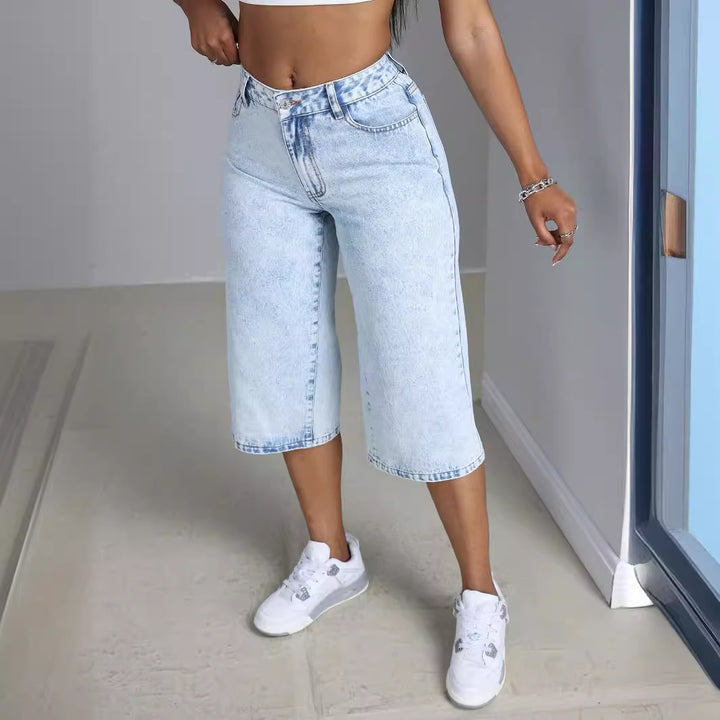 Wide denim culottes for ladies with trendy wash effect Lune London
