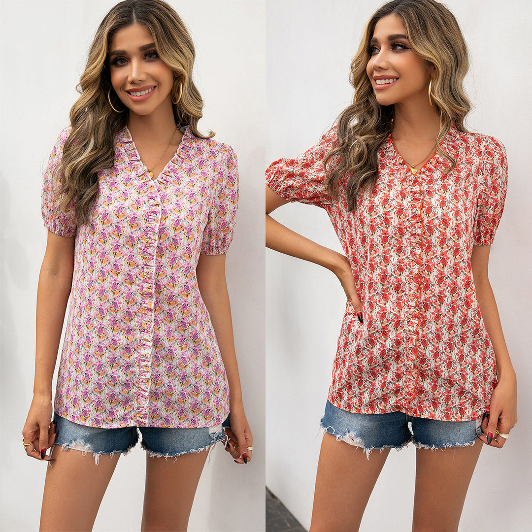 Blouse for ladies with ruffle details and a floral pattern Lune London
