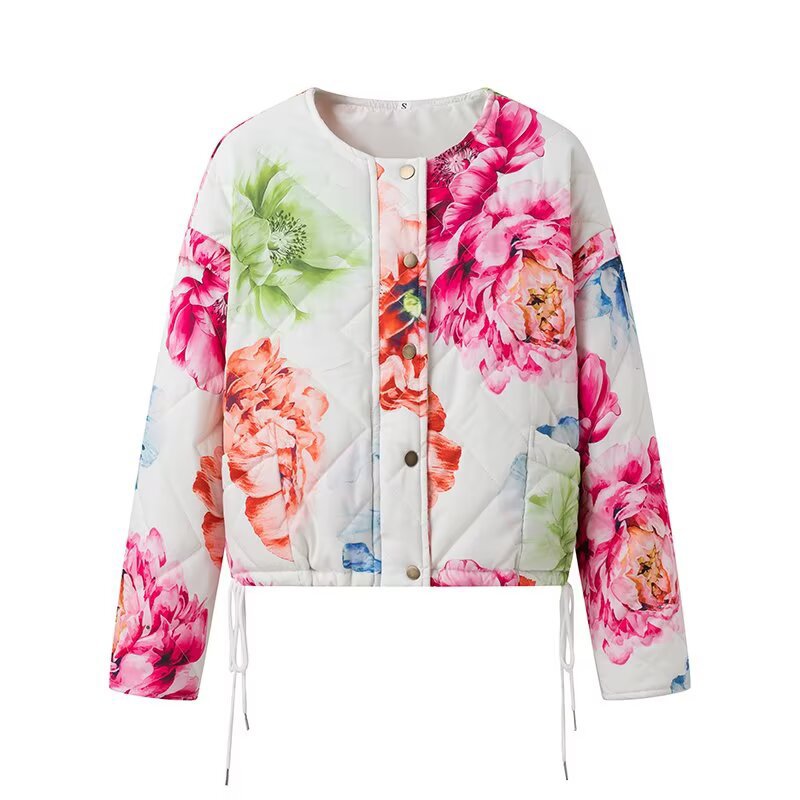 Quilted jacket for women with floral patterns and an elastic waist Lune London