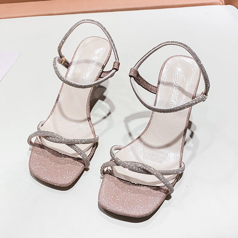 Elegant sparkling sandals for women with double straps and square heel Lune London