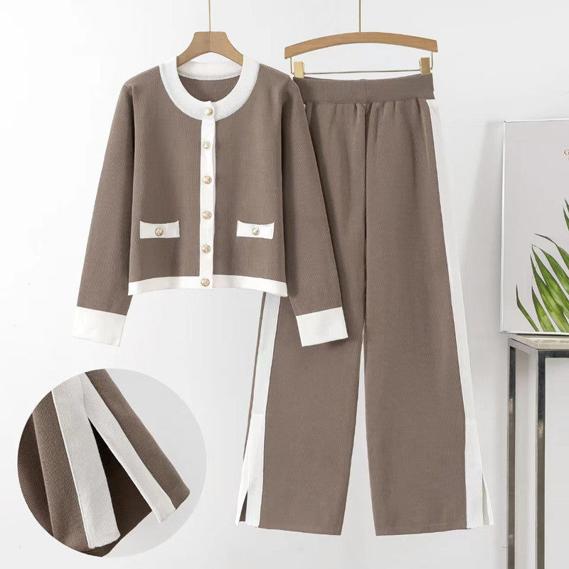 Women's knit loungewear set with decorative buttons and side slit Lune London