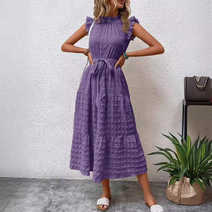 Midi dress for women with ruffled sleeves and belt at the waist Lune London