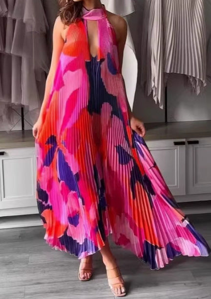 Pleated maxi dress for women with a chic halter neck design
