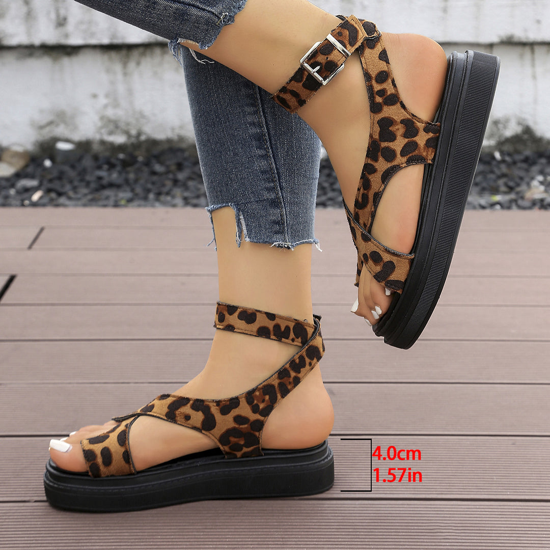 Comfortable platform sandals for women with a trendy leopard pattern and an adjustable bandage design Lune London