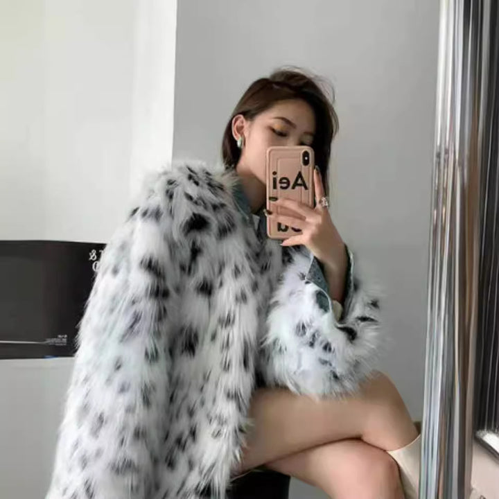 Ladies Trendy Faux Fur Jacket with Eye-Catching Pattern and Voluminous Fit Lune London
