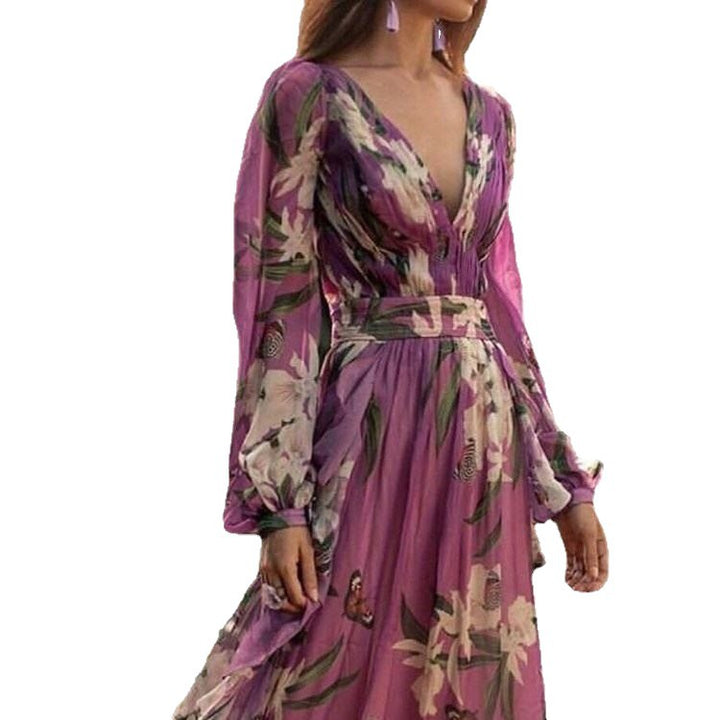 Maxi dress for women with deep V-neck, floral design and flowing skirt Lune London