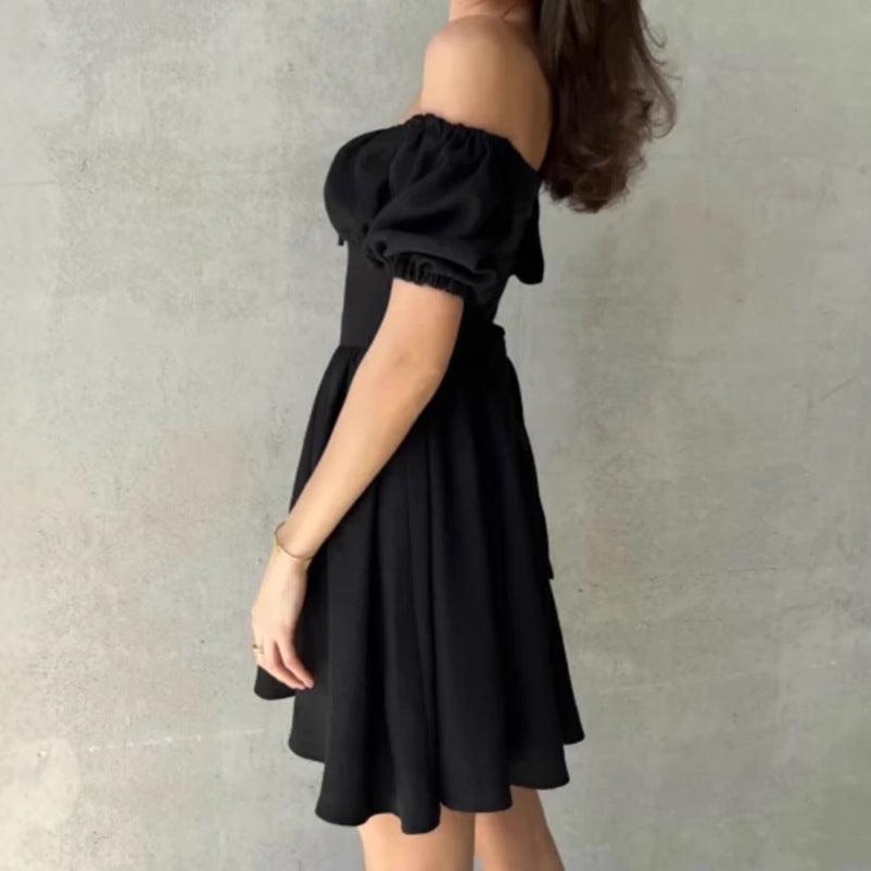 Off-shoulder mini dress for women with ruffled sleeves and bow at the waist Lune London