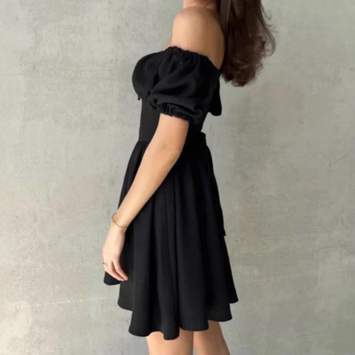Off-shoulder mini dress for women with ruffled sleeves and bow at the waist Lune London