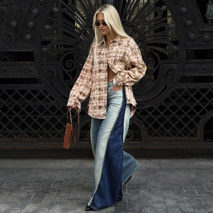 Oversized shirt for women with a casual check pattern and split sleeves Lune London