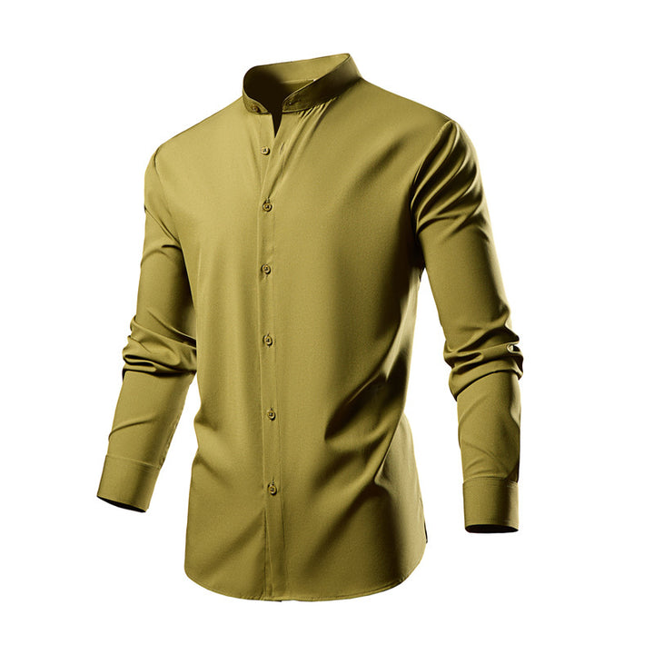 Long sleeve kimono shirt for men with modern stand collar and stylish button details Lune London