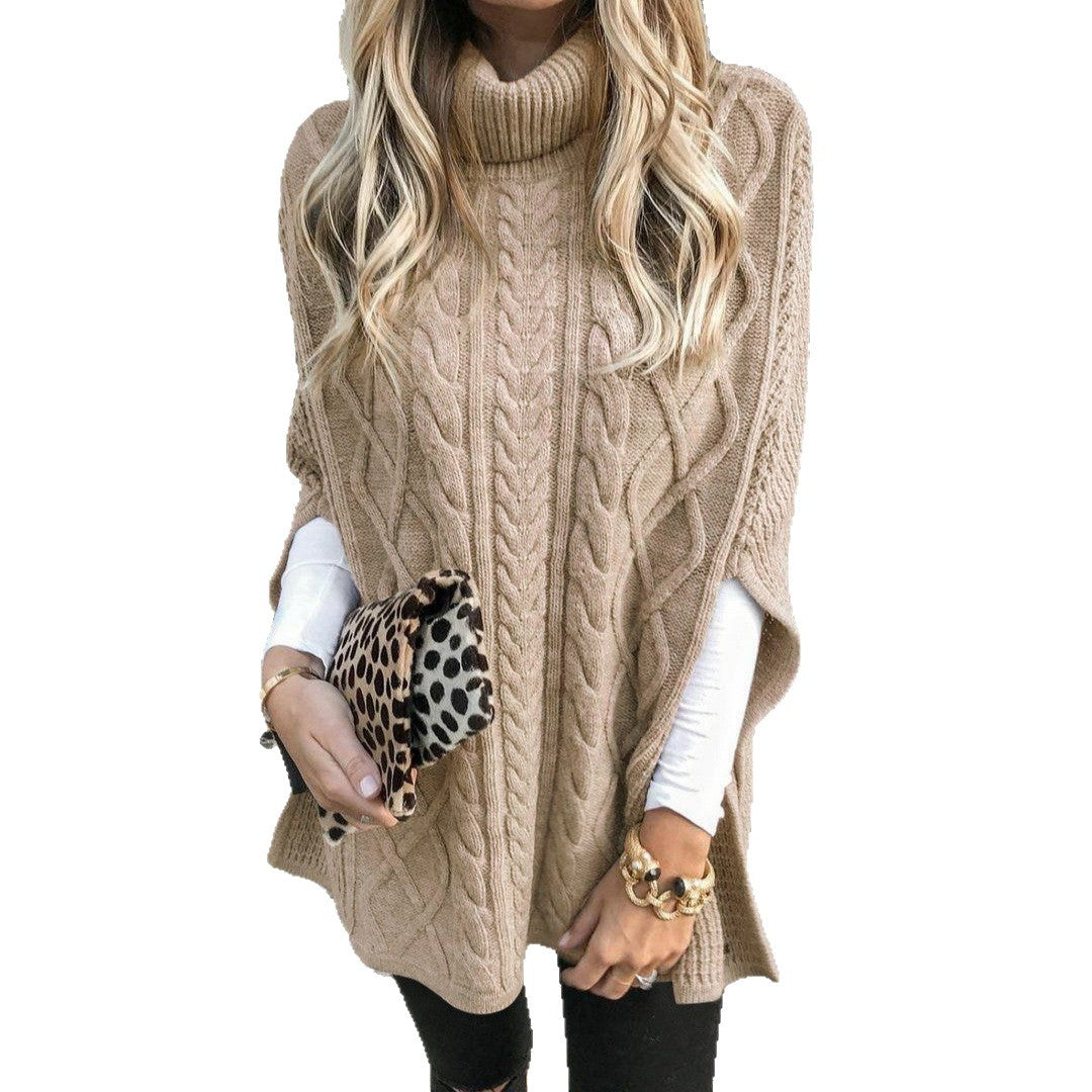 Knit poncho for women with high collar and decorative cable knit pattern Lune London