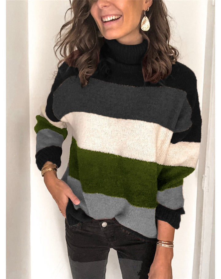 Stylish knitted sweater for women with a relaxed roll neck and chic color block design