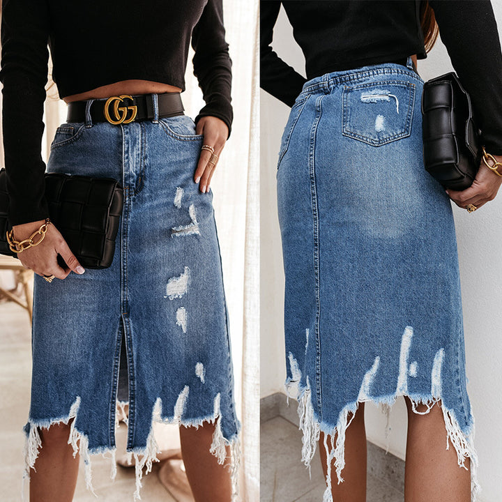 Lune London destroyed denim midi skirt for women with fringes