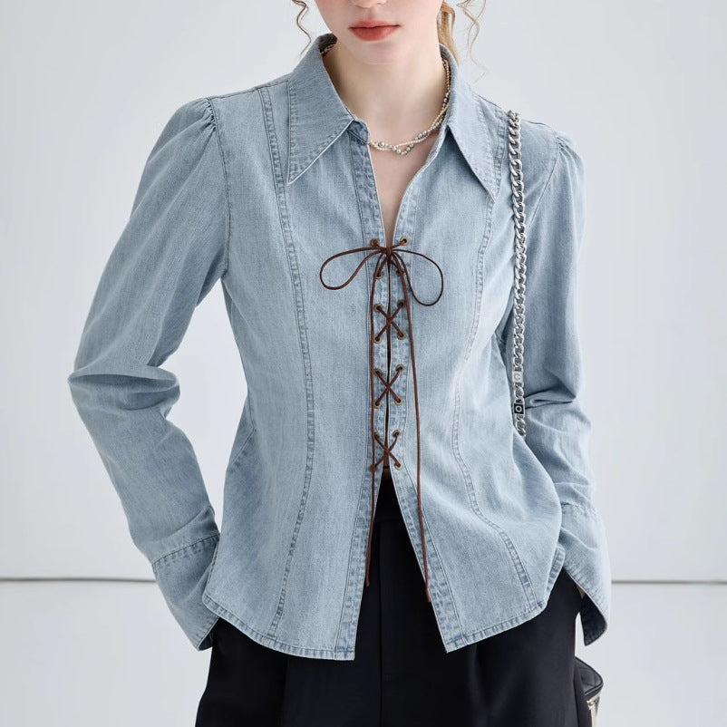 Women's denim blouse with lace neckline and elegant puff sleeves Chic & Stil