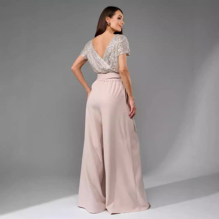 Women's Glittering Jumpsuit with Wide Leg and Waist Belt Lune London