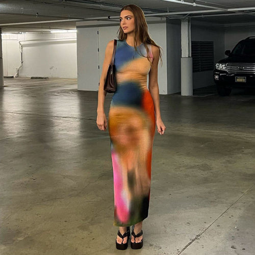 Women Maxi Bodycon Dress Abstract Print Lune London