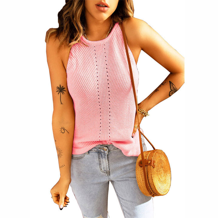 Sleeveless knitted tank top for women with structured ribbed look and decorative openwork pattern Lune London